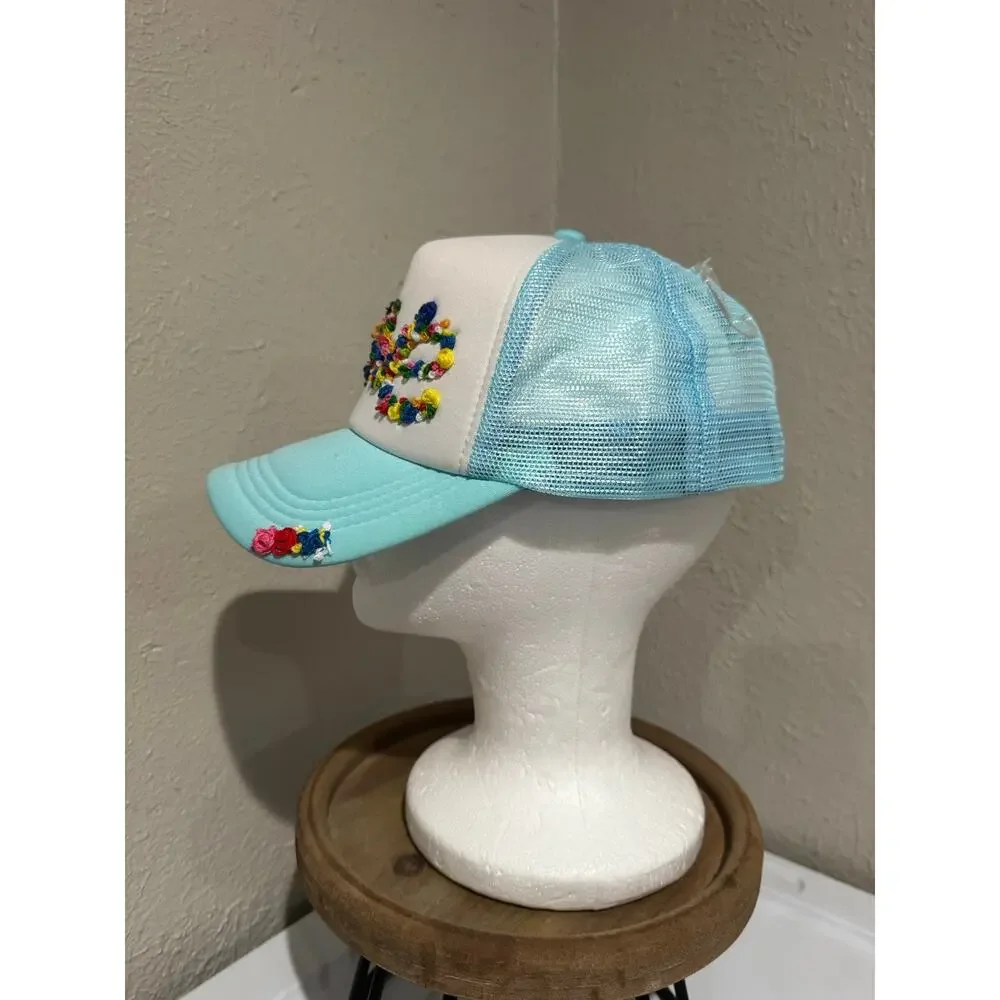 Hand Embroidered LOVE Floral Truckers Hat